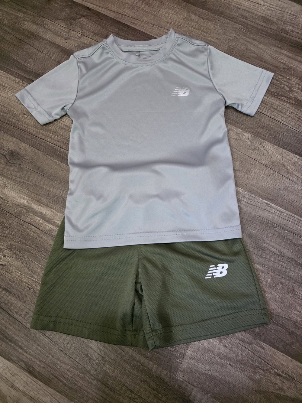 New Balance Kids Two-Piece Active Set in Light Gray and Olive Green